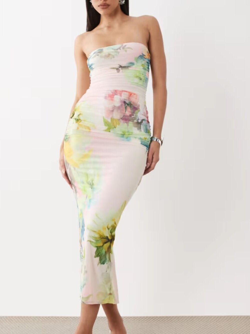 Light Pink Floral Polka Dot Mesh Bandeau Strapless Maxi Dress